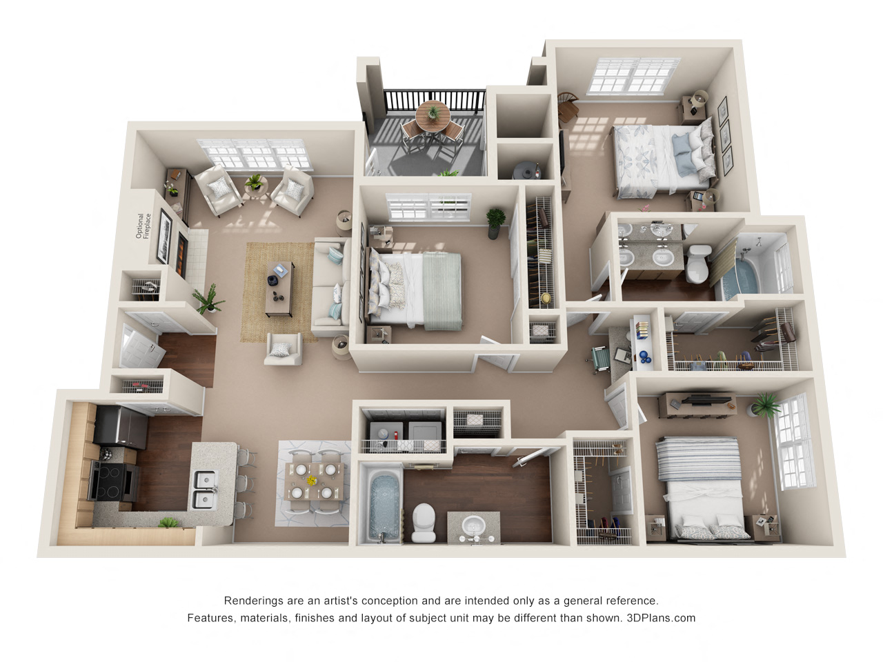Floor plan for 3 beds, 2 baths, 1415 sqft